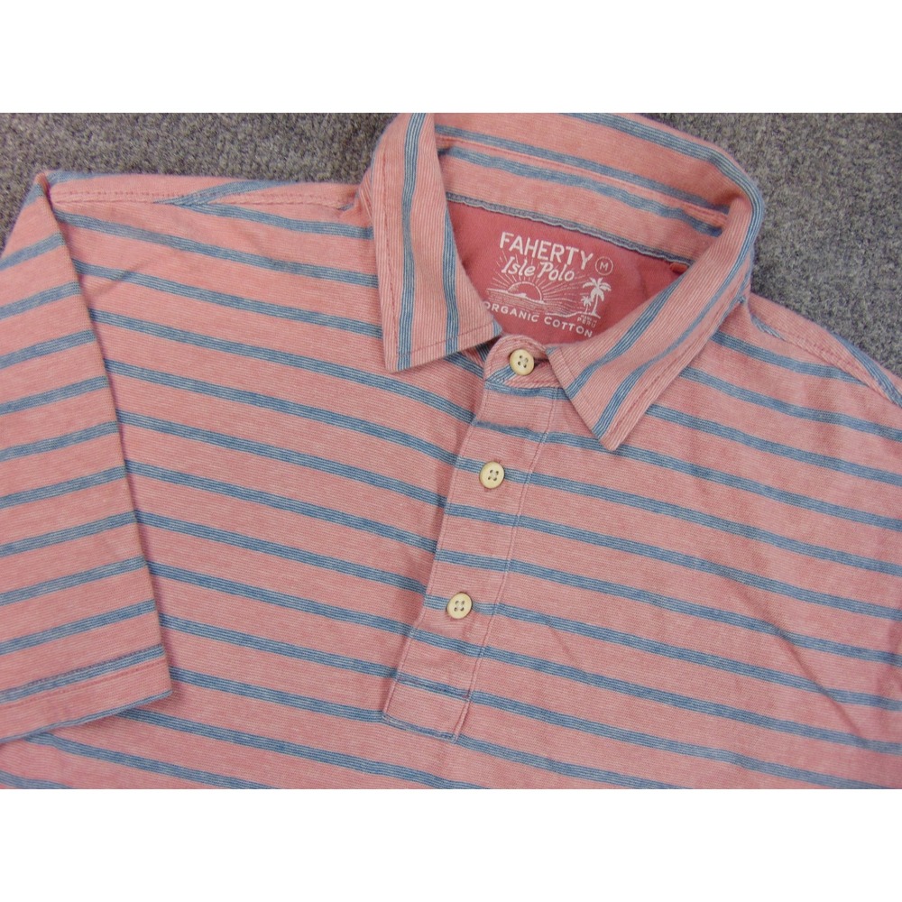 Faherty Isle Polo Shirt Mens Med‎ Pink Blue Striped Organic Cotton Beachy Surf